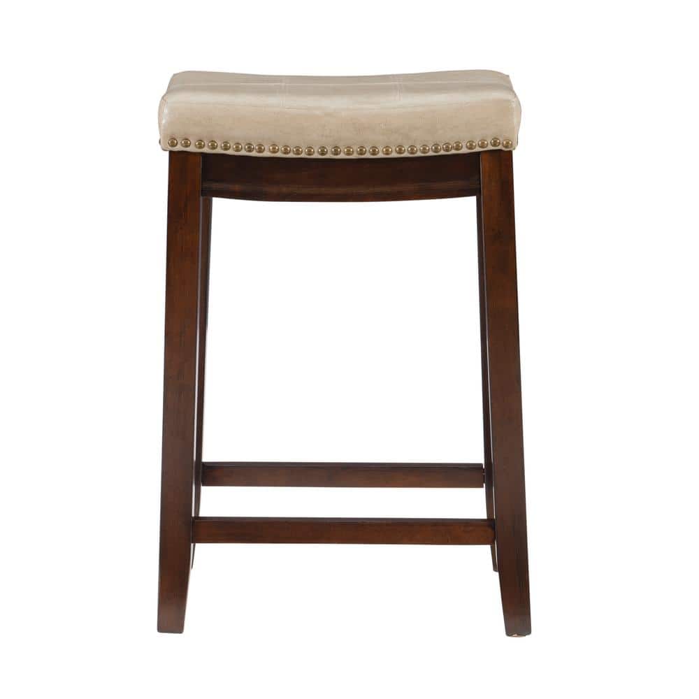 Beige Faux Leather Saddle Counter Stool with Wood Frame