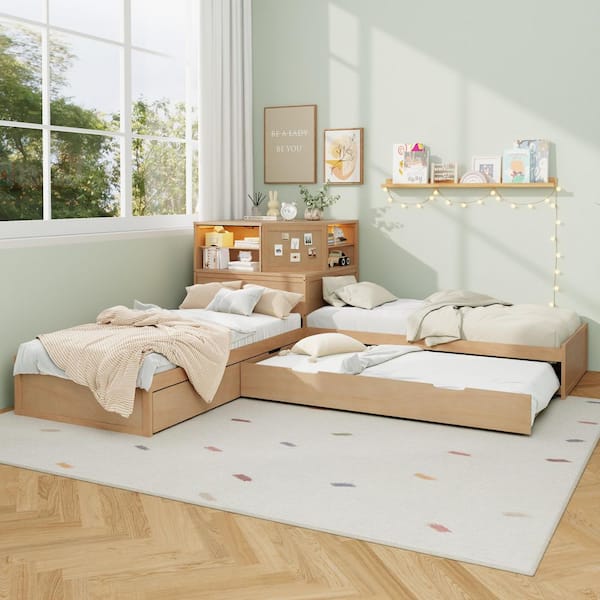 Natural Wood Frame Twin Size Platform Bed with Trundle and Drawer, Built-in Desk and Led Downlight