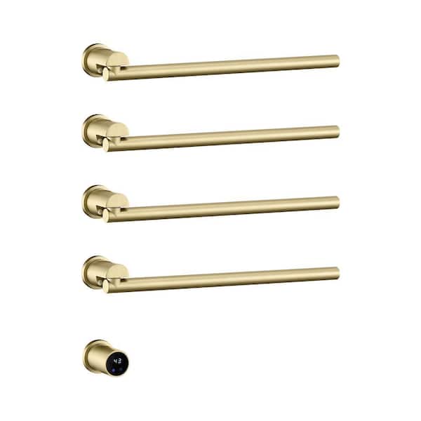 4 Swing Bars Plug-In/Hardwired Wall Mounted Electric Towel Warmer Rack in Brushed Gold with 1H-24H Timing