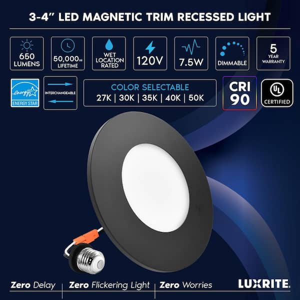 6-pack 3-4 in. Integrated LED Flush Mount and Recessed Light, 7.5W, 5CCT, 650LM, Dimmable, J-Box or 4 in. Housing, Black