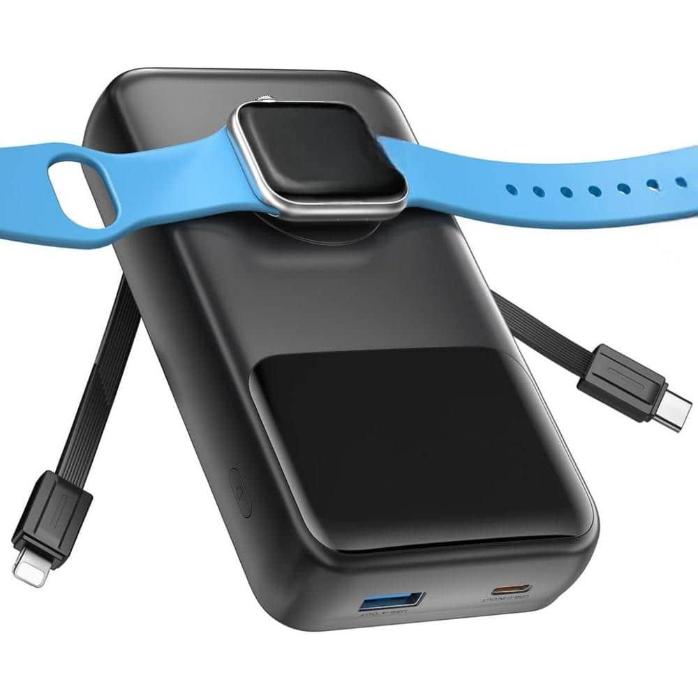 Portable Powerbank with Built-in Cables USB-C in Black