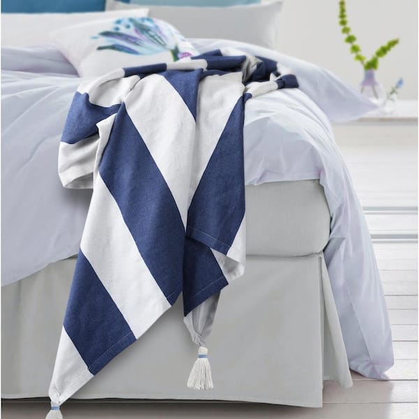 Unbranded Cabana 50 in. x 60 in. Navy Blue/White Striped Tassels All Natural Cotton Throw Blanket