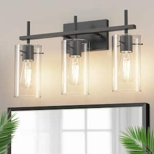 20 in. 3-Light Bathroom Fixture, Black Metal Vanity Light Frame with Clear Glass Shades, Modern Bathroom Lighting