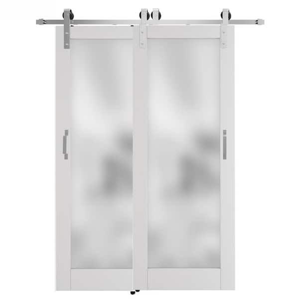 56 in. x 80 in. Full Lite Frosted Glass Solid Wood White Barn Door Slab with Full Bypass Hardware Kit