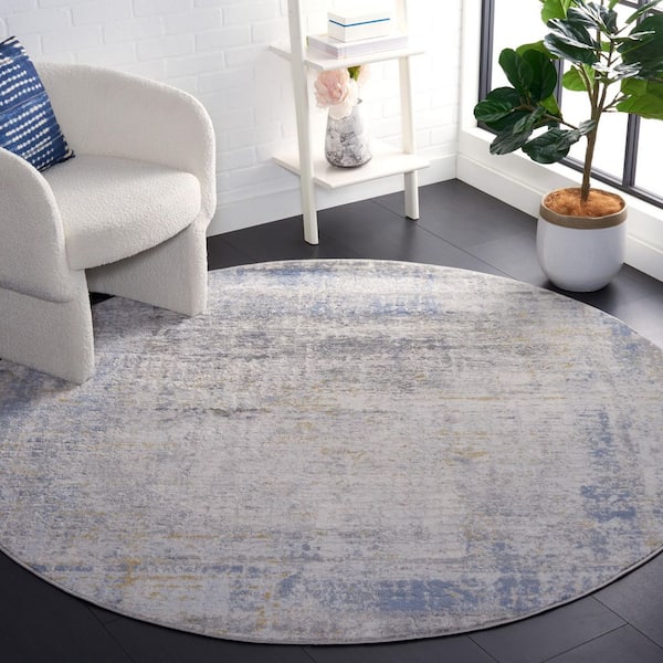 Palma 7 ft. x 7 ft. Beige/Light Blue Border Distressed Round Area Rug