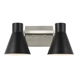 Towner 15.75 in. 2-Light Brushed Nickel Modern Contemporary Wall Bathroom Vanity Light with Black Metal Shades