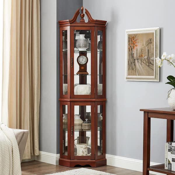 CSC DECOR INC Walnut 70.5 in. H Lighted 3-Side Glass Display Curio Cabinet with Tempered Glass Doors Corner Storage Decoration Rack