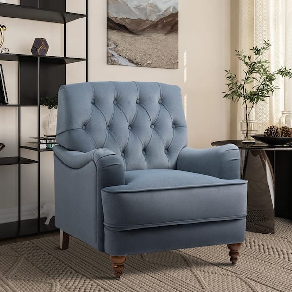34 in. W Blue Ergonomic High-End Fabric Arm Chair with Rubber Wooden Legs