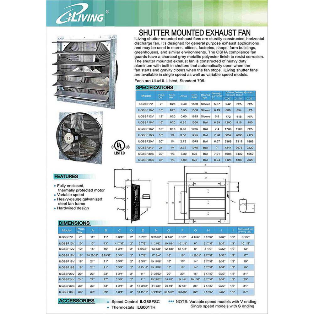 iLiving 12" Silver Wall-Mounted Shutter Exhaust Fan, 960 CFM