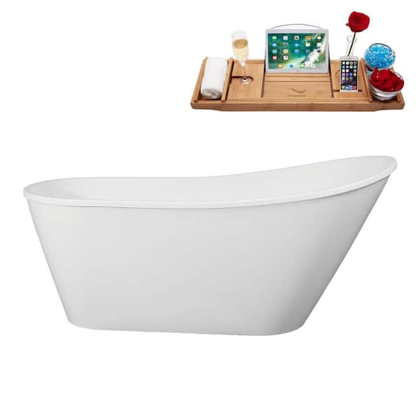 61 in. x 31 in. Acrylic Freestanding Soaking Bathtub in Glossy White With Polished Chrome Drain, Bamboo Tray