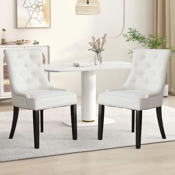Home Beyond Toulon Tufted Upholstered Dining Chairs with Nailhead Trim and Curved Backrest in Beige (Set of 2)