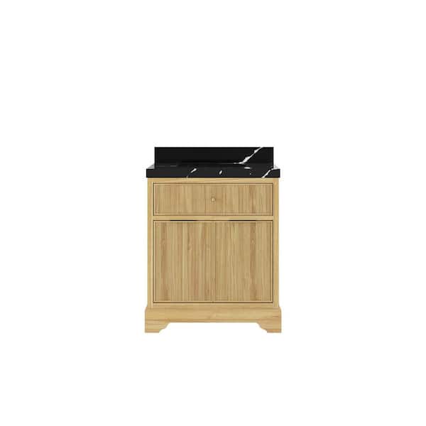 Willow Collections Austin Teak 30 in. W x 22 in. D x 36 in. H Single Sink Bath Vanity Center in Whitewashed with 2" Calacatta Black Top