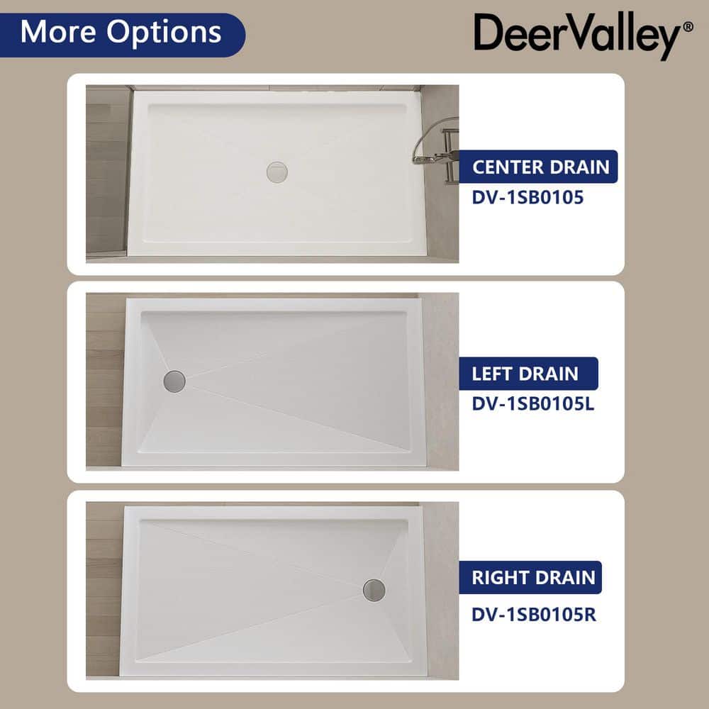 White Acrylic 60'' x 34'' Non-Slip Shower Base with Center Drain