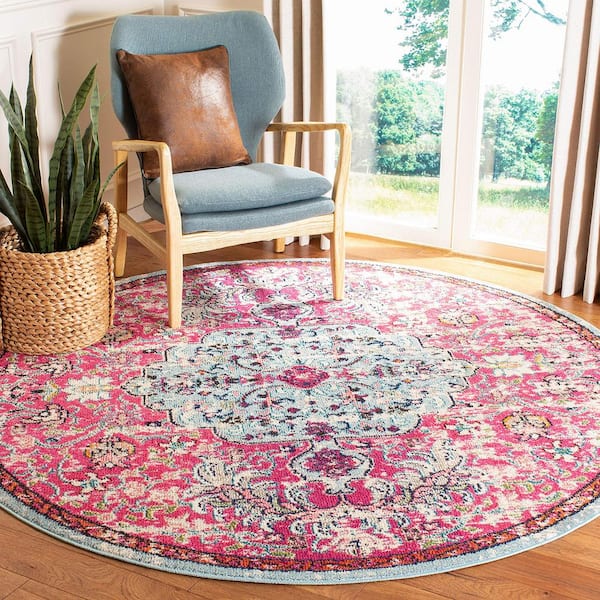 Pink Polypropylene 5 ft. x 5 ft. Medallion Indoor Round Area Rug