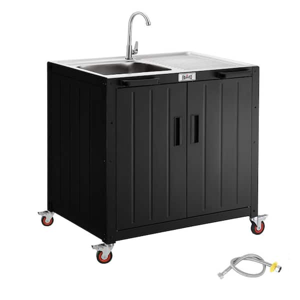 Black Movable Outdoor Grill Cart with Outdoor Sink Station and Storage Cabinet 35.4 in. W x 26 in. D x 36.2 in. H