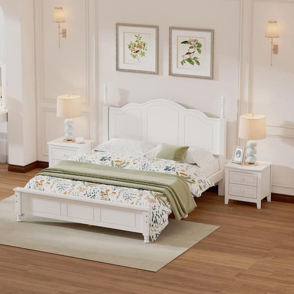 3-Piece White Wood Queen Bedroom Sets Queen Size Platform Bed with Headboard, Wood Slats 2-Drawer Nightstands Set of 2