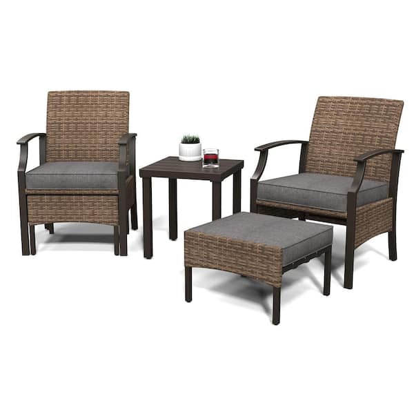 BANSA ROSE Drak Grey 5-Piece Metal Outdoor Bistro Set with Olefin Cushions Ottomans and Coffee Table