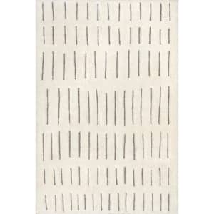 Nalini Striped High-Low Wool Modern Off White 5 ft. x 8 ft. Area Rug