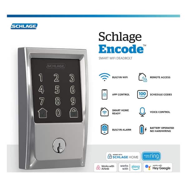 Century Bright Chrome Encode Smart Wi-Fi Deadbolt with Alarm and Century Handleset and Latitude Handle