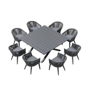 9 Piece Aluminum All-Weather PE Rattan Square Outdoor Dining Set with Cushion, Grey