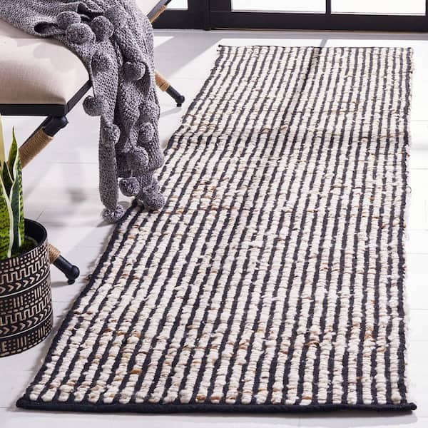 Natura 2 ft. x 13 ft. Black/Ivory Marle Striped Runner Rug
