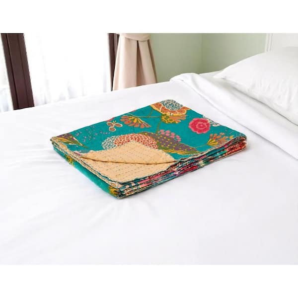 Pink, Teal Floral Cotton Throw Blanket