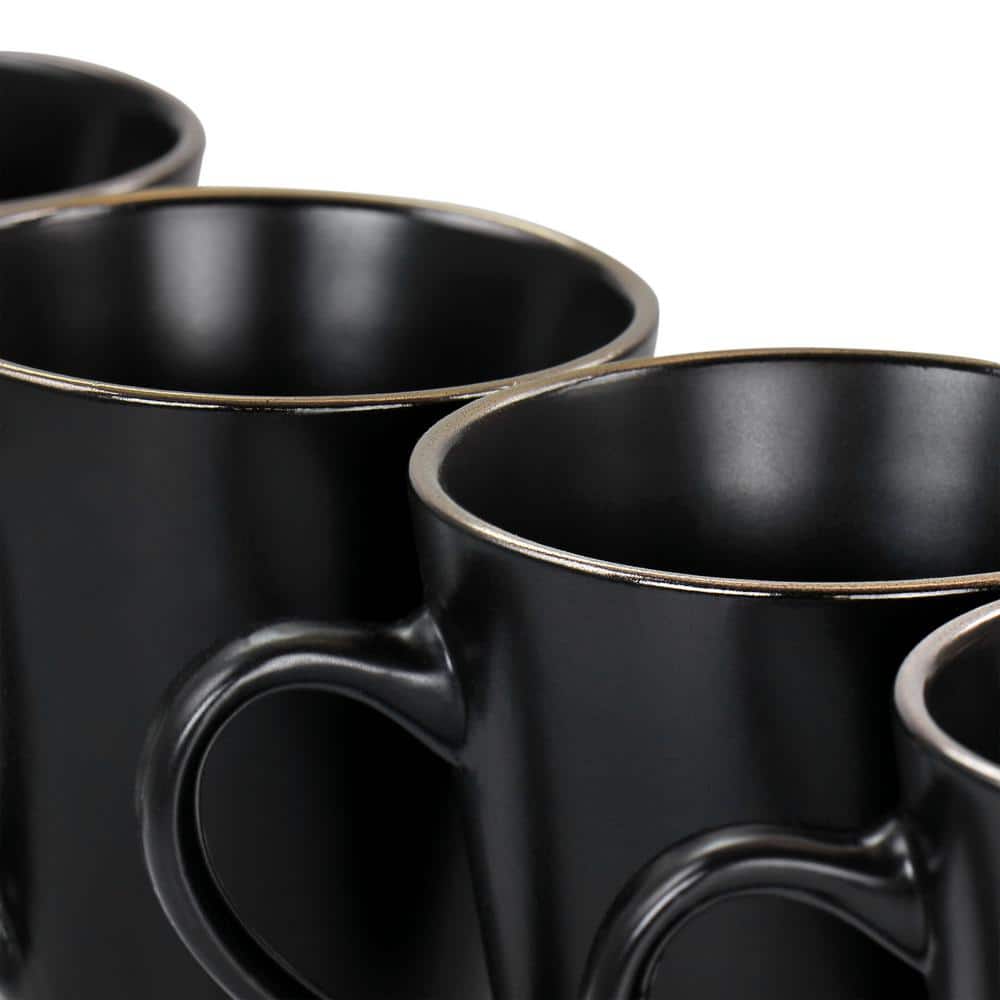 Matte Black Ceramic Mugs with Gold Trim, Set of 6