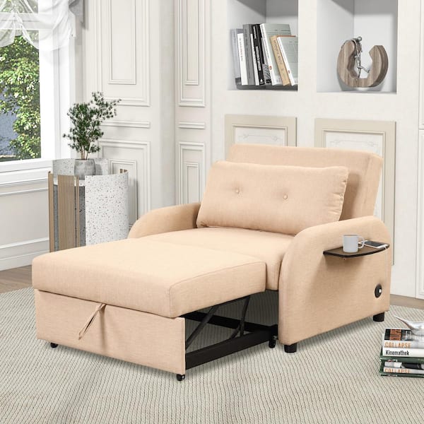 Nestfair 41.5 in. Beige Line Fabric Pull Out Sofa Bed with 2 Wing Table and USB Charge