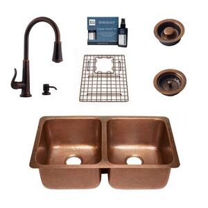 Rivera All-in-One Undermount Copper 32.25 in. 50/50 Double Bowl Kitchen Sink with Pfister Ashfield Faucet and Drains