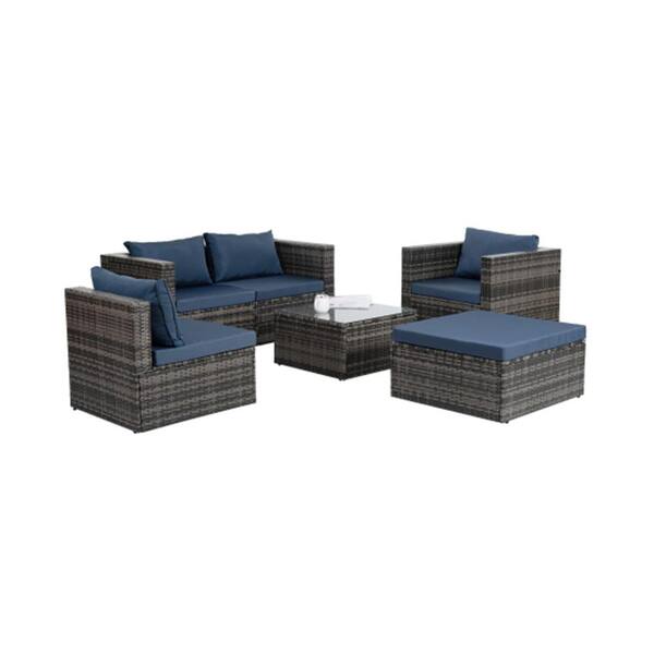 ITOPFOX 6-Pieces Outdoor Patio Dark Gray PE Wicker Conversation Set with Tempered Glass Coffee Table and Navy Blue Cushions