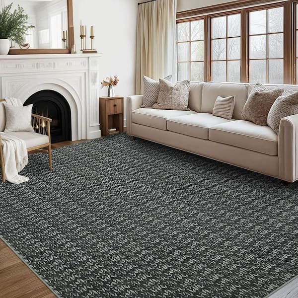 Black 10 ft. x 13 ft. Polyester Washable Modern Geometric Pattern Area Rug