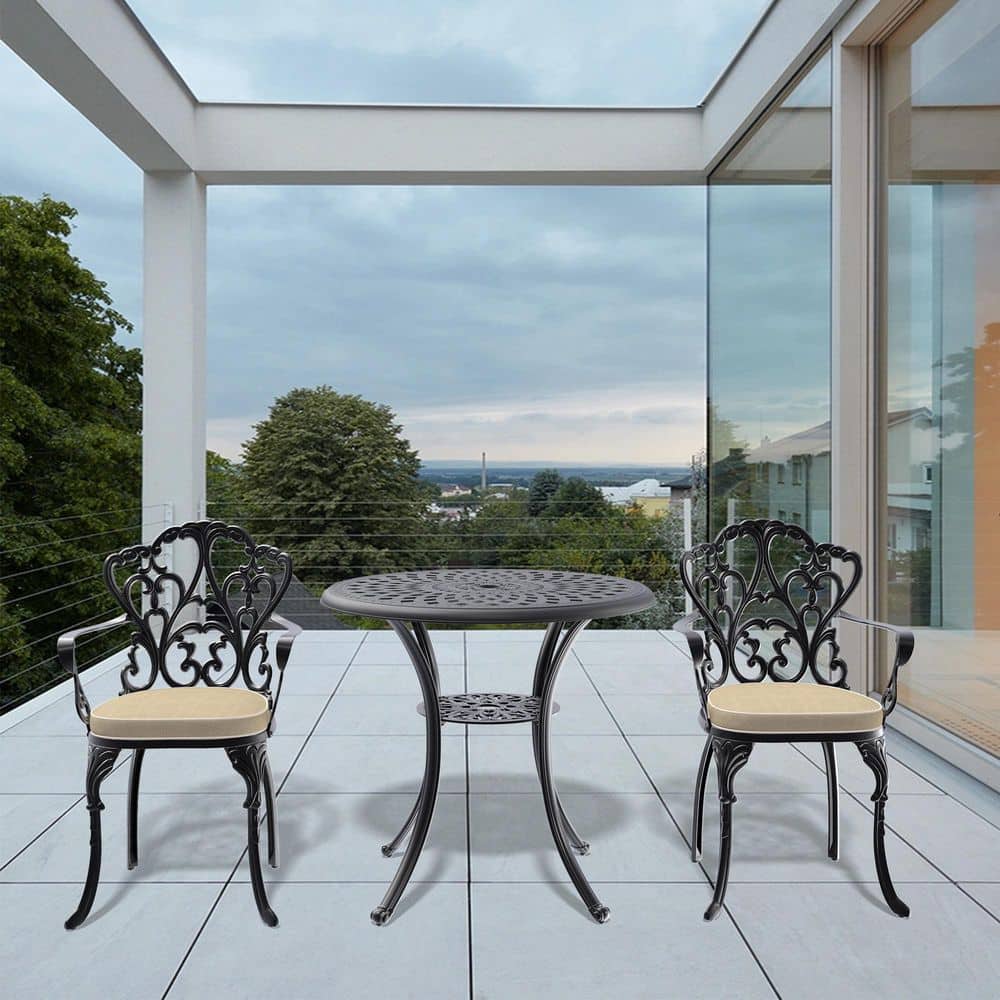 Black 3-Piece Cast Aluminum Round Outdoor Dining Set with Beige All-Weather Cushions durable construction price history on PriceWatchPro