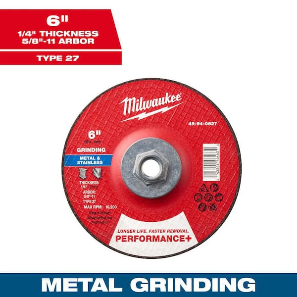 6 in. x 1/4 in. x 5/8 in.-11 Performance Plus Metal Grinding Wheel-Type 27