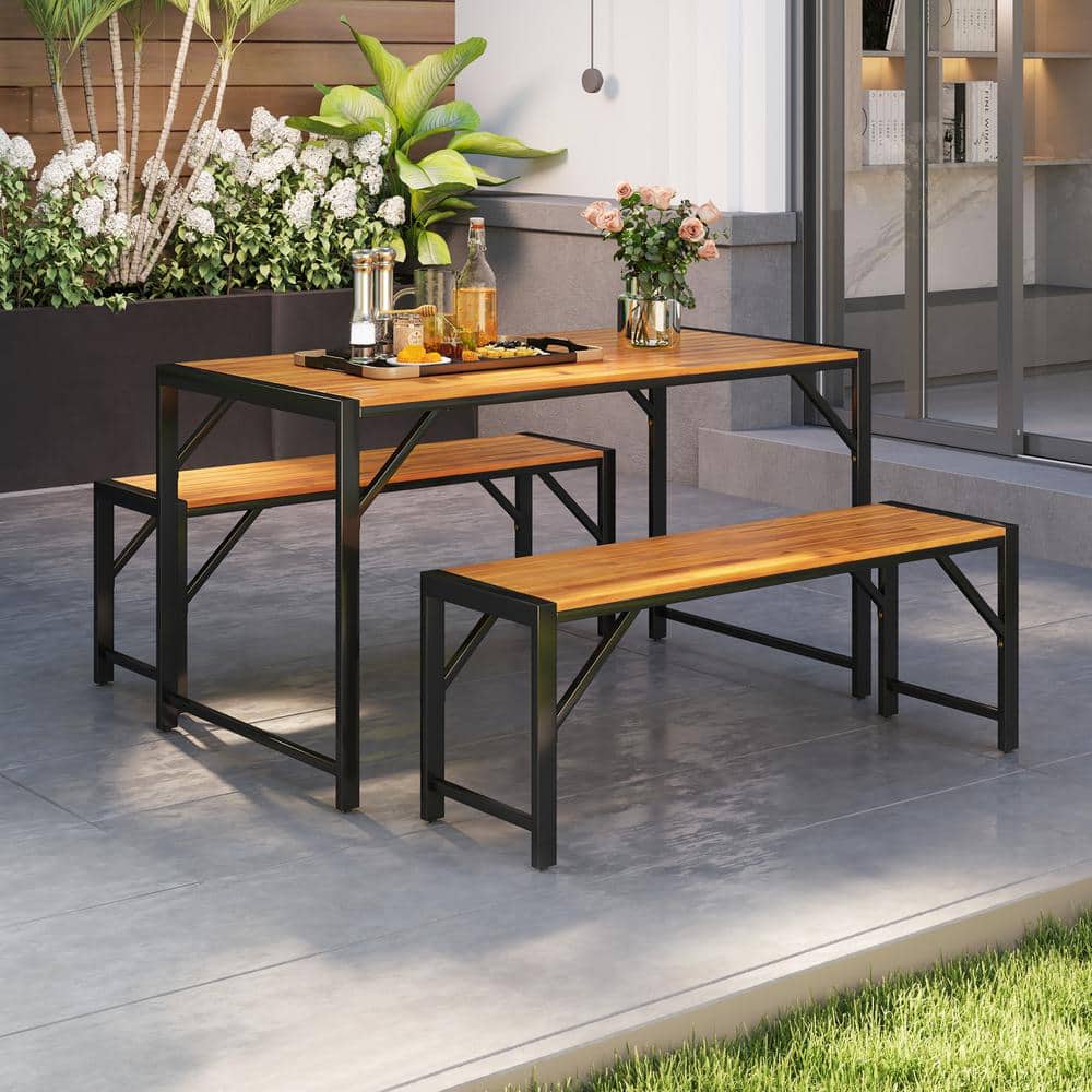3-Pieces Acacia Wood Metal Rectangular Outdoor Dining Set Picnic Table Bench (Set for 4) People price history on PriceWatchPro