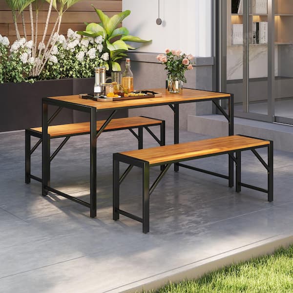 ANGELES HOME 3-Pieces Acacia Wood Metal Rectangular Outdoor Dining Set Picnic Table Bench (Set for 4) People
