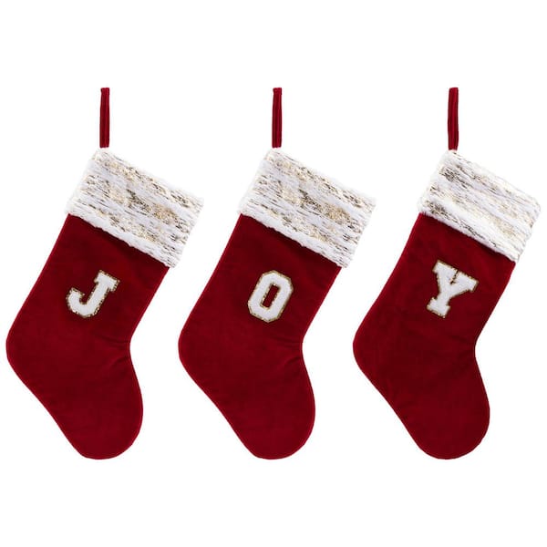 20 in. Red Velvet JOY Christmas Stockings - Set of 3