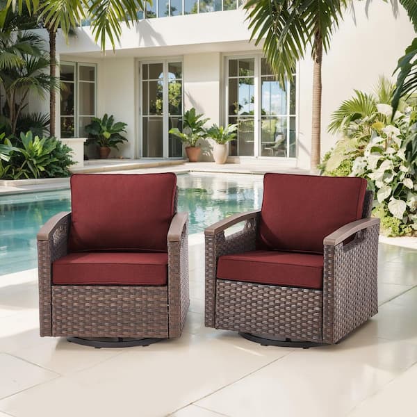 Pocassy Light Luxury Brown Wicker Outdoor Patio Glider Swivel Chair with CushionGuard Red Cushions (2-Pack)