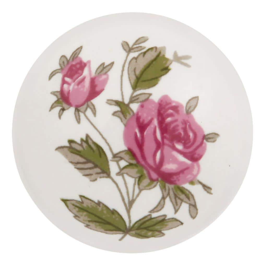 Traditional White and Pink Porcelain Round Cabinet Knob