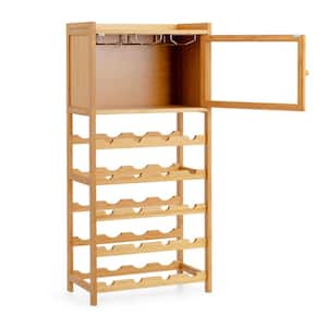 20-Bottle Yellow Freestanding Bamboo Wine Rack Cabinet with Display Shelf and Glass Hanger
