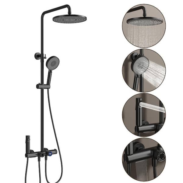 WELLFOR 5-Spray 10 in. Dual Wall Bar Shower Head and Handheld Shower Head 1.5 GPM in Matte Black with Tub Faucet and Spray Gun