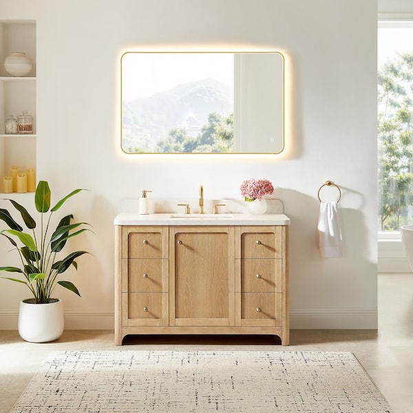 Milner 48 in. Single Freestanding Brushed Oak Bath Vanity with Grain White Engineered Stone Top Assembled