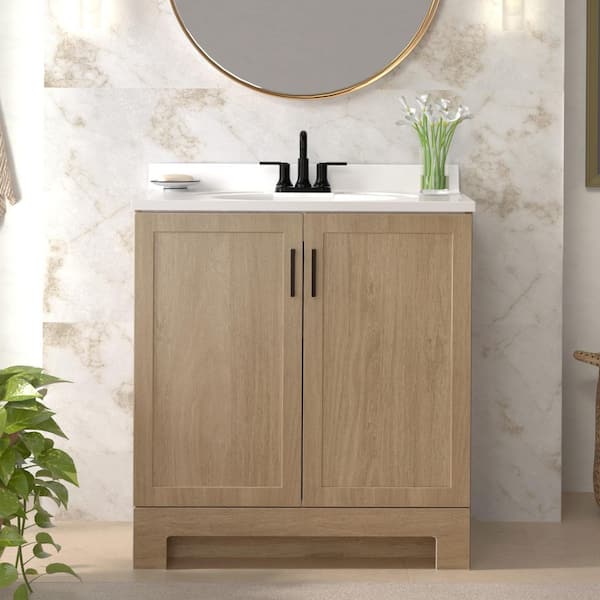Oakley 31 in. Single Sink Beige Oak Freestanding Bath Vanity with White Cultured Marble Top (Assembled)