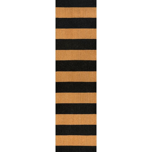 Peater Classic Casual Commerical Natural Coir Natural/Black Stripe 2 ft. 2 in. x 8 ft. Indoor/Outdoor Runner Rug