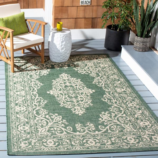 Courtyard Dark Green/Beige 8 ft. x 10 ft. Medallion Floral Indoor/Outdoor Patio  Area Rug