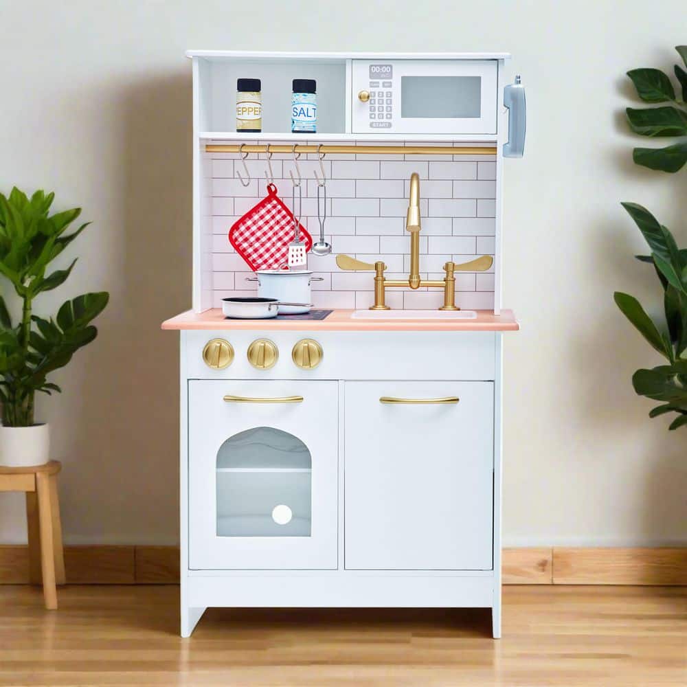 White and Gold Wooden Play Kitchen with Accessories