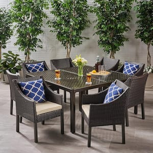 Barnwell 29 in. Gloss Black 9-Piece Aluminum Rectangular Outdoor Dining Set with Beige Cushions