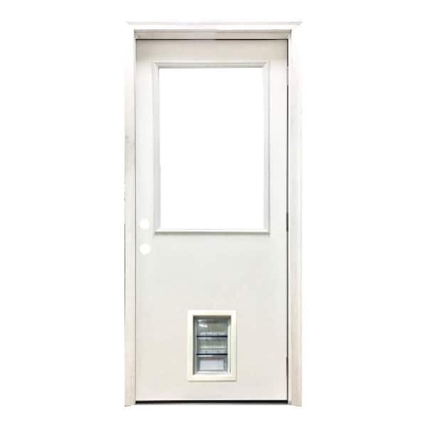 Steves & Sons 36 in. x 80 in. Reliant Series Clear Half Lite LHOS White Primed Fiberglass Prehung Back Door with Med Pet Door