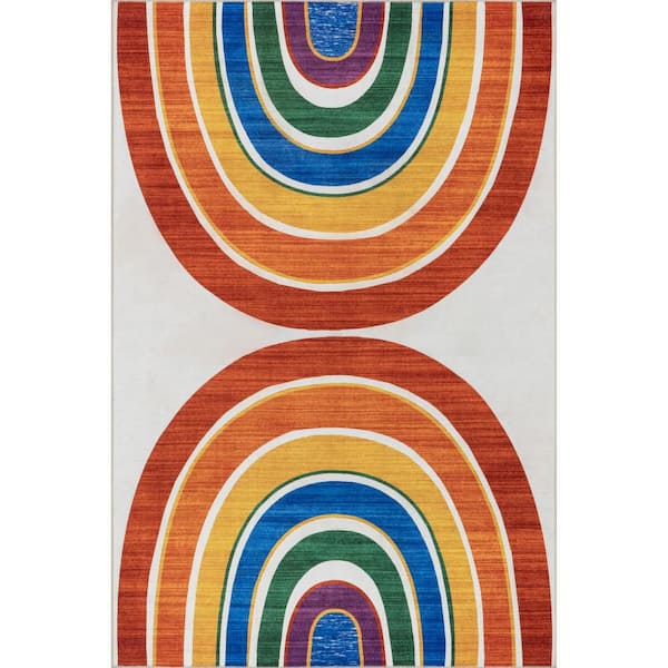 Matilda Kids Spill Proof Washable Double Rainbow White Multicolor 5 ft. x 8 ft. Indoor Area Rug