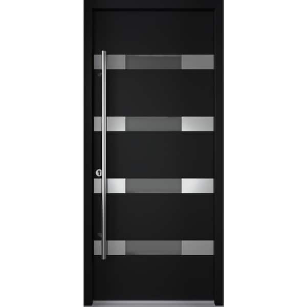 AURA 37 in. x 82" Right-Hand/Inswing Frosted Glass BLACK/WHITE Finished Steel Prehung Front Door with Hardware Kit