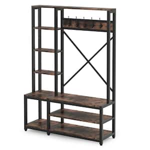 Billie Rustic Brown Wood Hall Tree with Side Storage Shelves for Entryway Living Room Bedroom